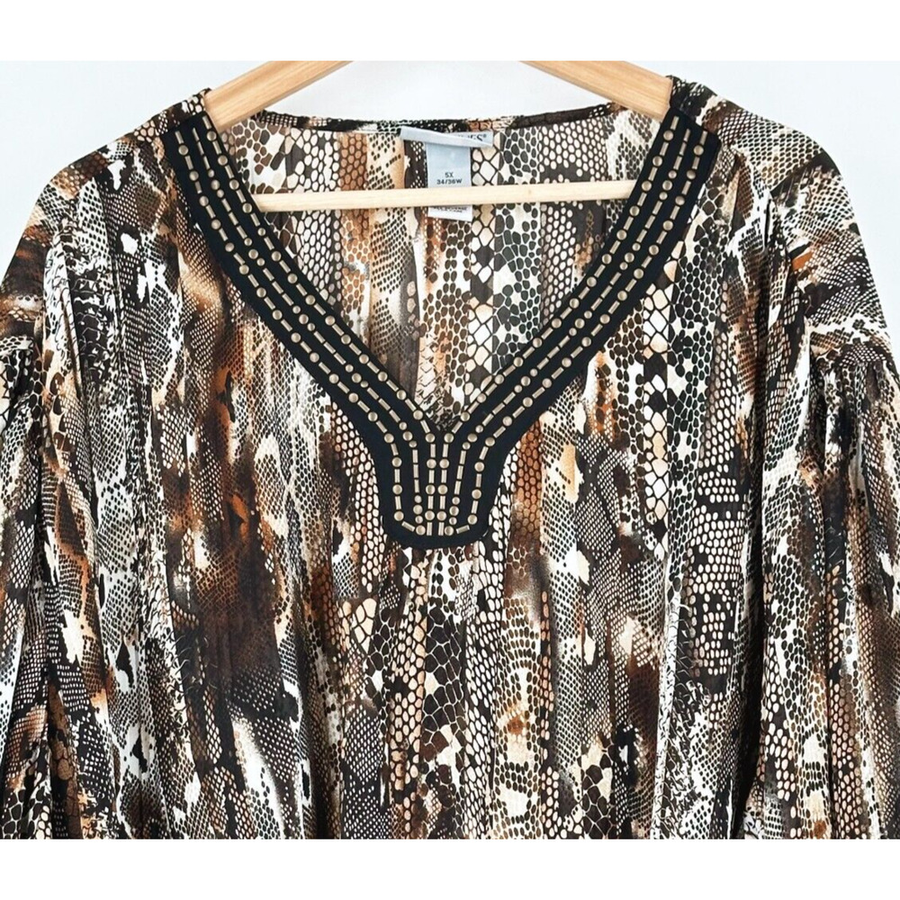 Catherines Womens Patchwork Animal Print Top 5X Asymmetrical Beaded Tunic Artsy - Picture 2 of 8